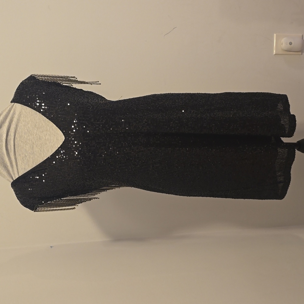 Betsy Johnson Black Sequin Sleeveless Dress With Sleeve Rhinestone Tassels